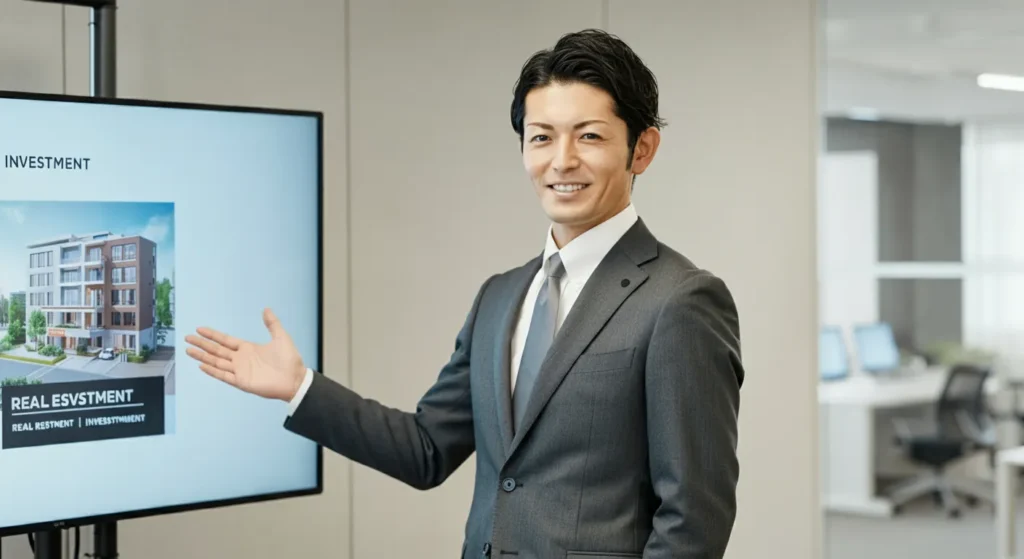不動産投資のメリットを説明する男性