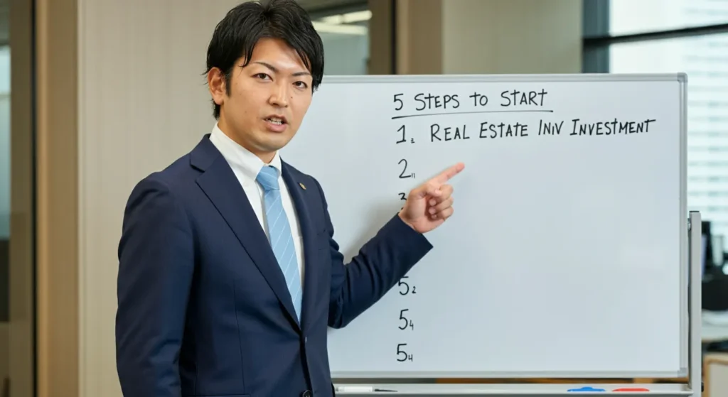 不動産投資の始め方を説明する男性
