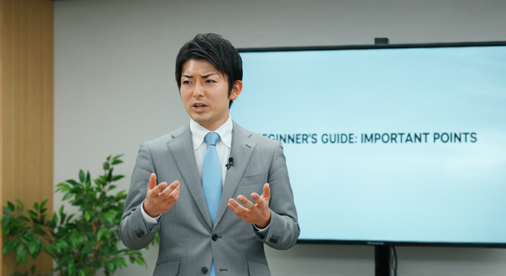 初心者が不動産投資を始めるときの注意点を説明する男性