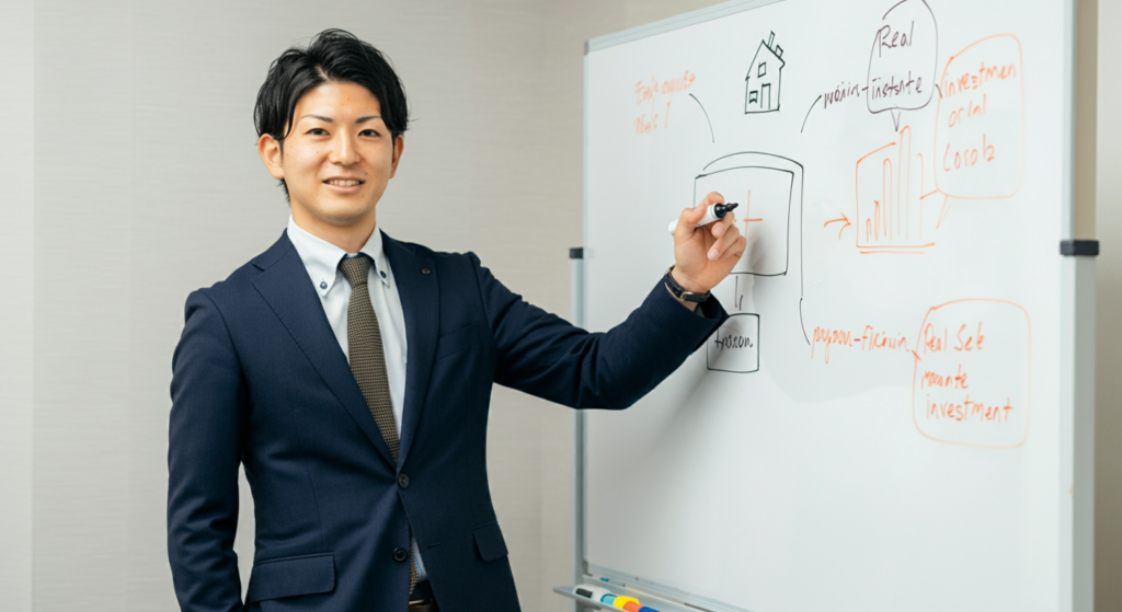 不動産投資を始めるために知っておくべき基礎知識を説明する男性