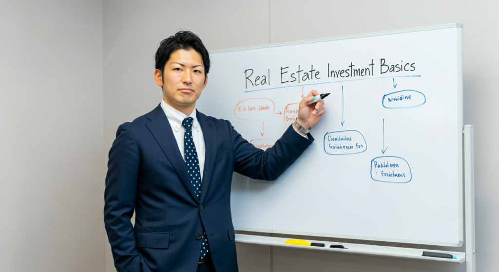 不動産投資を始めるには基礎知識から押さえようとまとめる男性