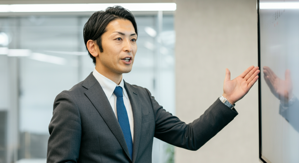 不動産投資のメリットを説明する男性